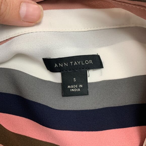 Ann Taylor Stripe Blouse Womens S Small Multi 1/2 Button Flap Pockets Loose Fit - Picture 11 of 13